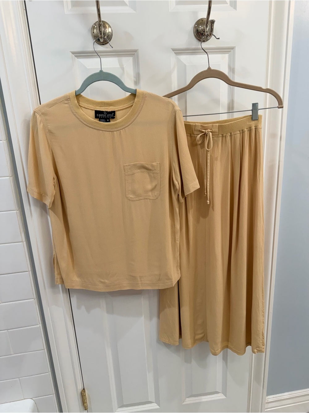 Vintage Carole Little 2-Piece Rayon Set | Minimalist Boho Camel Tan Sz 2 / 4 P - Picture 4 of 15